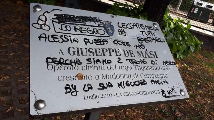 Torino, vandalizzata la targa dedicata a Giuseppe Demasi, l’operaio originario di Fabrizia morto nel rogo Thyssen