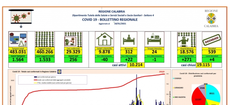 Coronavirus, 256 nuovi casi in Calabria di cui 8 in provincia di Vibo. Il bollettino