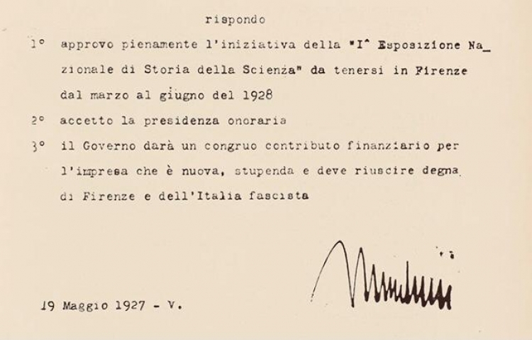 Il telegramma con il quale Mussolini approva l’iniziativa di tenere a Firenze la Prima Esposizione Nazionale di Storia della Scienza e accetta la presidenza onoraria (crediti: Archivio del Museo Galileo)
