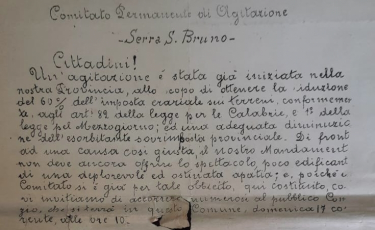 Il manifesto del 1907 ritrovato nell&#039;archivio comunale di Serra San Bruno